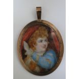 A LATE 19TH / EARLY 20TH CENTURY OVAL PORTRAIT MINIATURE OF A LADY LOOKING THROUGH RED CURTAINS,