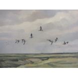 JASON PARTNER. Twentieth century British school, geese in flight over marshland 'Brents going out to