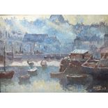AN IMPRESSIONIST COASTAL TOWN SCENE WITH BOATS IN HARBOUR, possible Whitby, indistinctly signed