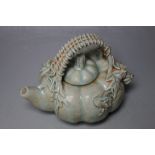 A CELADON STYLE SMALL TEAPOT IN THE FORM OF A PUMPKIN, W 15.5 cm