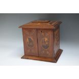 AN IRISH KILLARNEY MARQUETRY YEW WOOD JEWELLERY BOX, probably pre 1880 with images of Muckross abbey