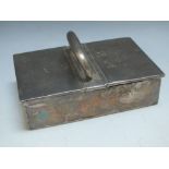 A HALLMARKED SILVER TWIN SIDED CIGARETTE BOX - BIRMINGHAM 1896, with carry handle, W 13.25 cm