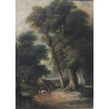 A 19TH CENTURY RURAL WOODED LANDSCAPE, with figures and horse on a track before a cottage, unsigned,