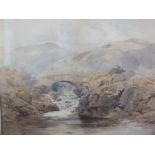 CIRCLE OF DAVID COX. a nineteenth century Welsh mountainous landscape with stone bridge over