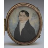 A 19TH CENTURY OVAL PORTRAIT MINIATURE OF A GENTLEMAN IN A BLACK COAT, in an oval leather case,