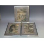 A SET OF THREE FRAMED AND GLAZED ORIENTAL PAINTED SILK PANELS, each having hand painted typical