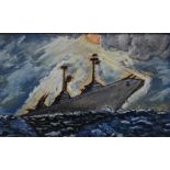 A TWENTIETH CENTURY IMPRESSIONIST STORMY SEASCAPE WITH BATTLESHIP, unsigned, oil on board, framed,