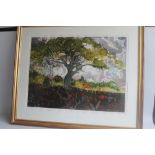 ALI DARLISH - SILK SCREEN PRINT OF A TREE with woodland scene behind, limited edition 40/250, signe