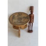 AN EAST AFRICAN KENYAN KAMBA INLAID STOOL with Askari figures and Colonial soldier figure