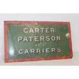 ENAMEL SIGN - CARTON PATERSON AND CO CARRIERS, measures 79.5 cm x 45.5 cm