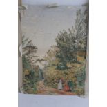 I H BURKILL - A WATERCOLOUR DEPICTING A WOODLAND SCENE with figures in the foreground