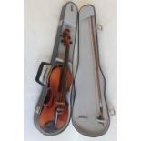 A VINTAGE TWO PIECE BACK VIOLIN AND BOW, over all length 60 cm, length of back 37 cm