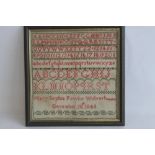 A 19TH CENTURY WOLVERHAMPTON INTEREST SAMPLER, in green and red thread, named and dated "Mary Sophi