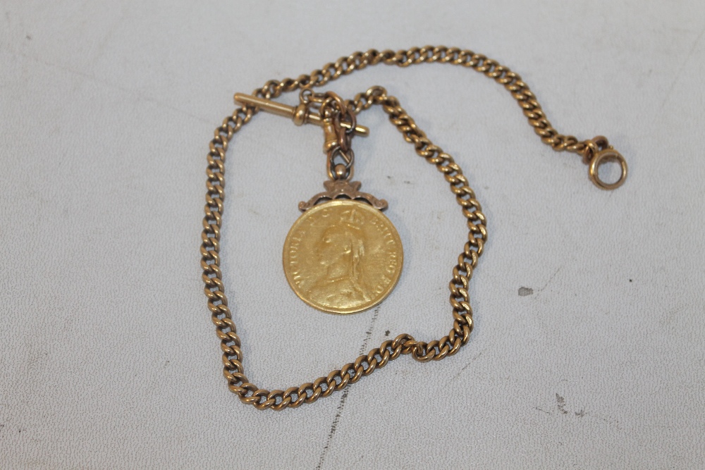 AN 18CT GOLD POCKET WATCH CHAIN, with 1887 two pound coin fob