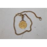 AN 18CT GOLD POCKET WATCH CHAIN, with 1887 two pound coin fob