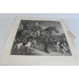 A VERY LARGE 19TH CENTURY ENGRAVING OF HUNTSMAN ON HORSE WITH HOUNDS, 65.5 x 60 cm