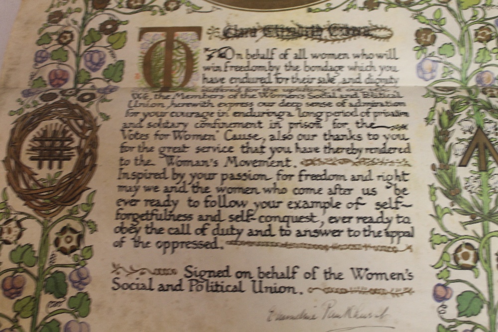 A SUFFRAGETTE ILLUMINATED ADDRESS NAMED TO "CLARA ELIZABETH GIVEEN", signed in black ink by Emmelin - Image 4 of 10