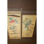 TWO VINTAGE ORIENTAL EMBROIDERED AND PRINTED WALL HANGING SCROLLS, depicting small birds and flower