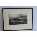 A FRAMED PRINT DEPICTING A LANDSCAPE SCENE