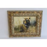TONY FORREST - SIGNED PAINTING ON CANVAS OF A TIGER, in gilt frame signed lower right, 60 x 50 cm i