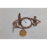 A 9CT GOLD DOUBLE ALBERT POCKET WATCH CHAIN with 1893 two pound coin fob and a gold plated full hun