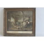 A FRAMED AND GLAZED COLOURED MEZZOTINT DEPICTING A STABLE SCENE TITLED "THE FIRST OF SEPTEMBER MORN