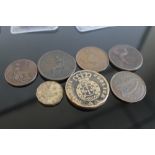 A SMALL GROUP OF COINS to include an Edward Bewley 1814 Wellington Victory Token and a 1946 three p