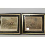 A PAIR OF ACKERMANN HUNTING ENGRAVINGS, hand coloured, "The Fox Chase" plates 1 & 2 in original Hog