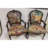 COMIC BOOK INTEREST - A PAIR OF LOUIS XVI DESIGN BLACK PAINTED CHAIRS upholstered in DC comic fabri