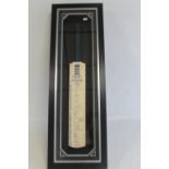 A CASED CRICKET BAT ENGLAND V INDIA INVESTEC TEST MATCH SERIES 2014, bearing signatures for Alastai