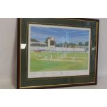 A FRAMED AND GLAZED PRINT TITLED "WARWICKSHIRE COUNTY CRICKET CLUB" depicting a match at Edgbaston