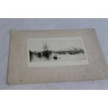 ROWLAND LANGMAID (1897 - 1956) ETCHING OF THE THAMES, signed in pencil, unframed, 12.5 x 25 cm