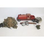 AN ACETYLENE CARRIAGE LAMP, AN EVER READY BATTERY HAND HELD LAMP WITH BLACKOUT COVER, a pressed ste
