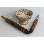 AN ORIENTAL FOOTED BOWL, together with two Oriental / Japanese hand painted parasols