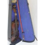 A VINTAGE ONE PIECE BACK VIOLIN WITH BOW, L 60 cm, length of back 37 cm