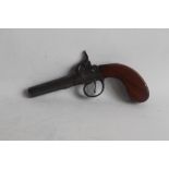 AN EARLY 19TH CENTURY PERCUSSION FIRE POCKET PISTOL, unsigned with decorated side panels