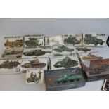 SIXTEEN BOXED UNMADE MILITARY RELATED 1:35 SCALE CONSTRUCTION KITS, to include Mitsuma U<S Willys j