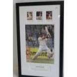 A FRAMED AND GLAZED MONTAGE OF PHOTOGRAPHS OF SACHIN RAMESH TENDULKAR, 15,000 test match runs, limi