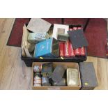 A QUANTITY OF VINTAGE TINS AND BOXES, to include an "Allenburys" feeder, a quantity of stamp encycl