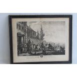 A FRAMED ENGRAVING OF A FRENCH SCENE "LA CONDUITE DES DAMES POUR LA CHASSE", engraved by J. Moyrea