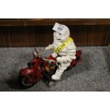 ***A MODERN CAST METAL MICHELIN MAN ON MOTORCYCLE