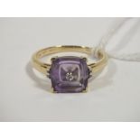 A HALLMARKED 9K GOLD AMETHYST AND DIAMOND RING, the amethyst measuring approx 10 mm x 10 mm ring