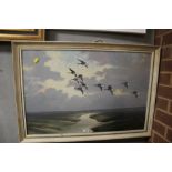 A FRAME AND GLAZED OIL PAINTING DEPICTING BIRDS IN FLIGHT SIGNED WILFRED BAILEY