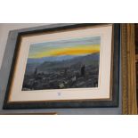 A FRAMED OIL ON BOARD DEPICTING A TOWNSCAPE SIGNED G P CLARKE 1954