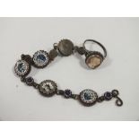 AN ANTIQUE MICRO MOSAIC BRACELET TOGETHER WITH A SILVER CAMEO RING