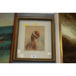 A SMALL FRAMED AND GLAZED WATERCOLOUR ENTITLED ARABS HEAD INITIALLED T.W.