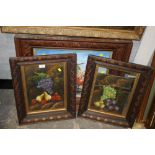 A PAIR OF FRAMED AND GLAZED OILS ON CANVAS DEPICTING STILL LIFE STUDIES OF FRUIT SIGNED R BUSH