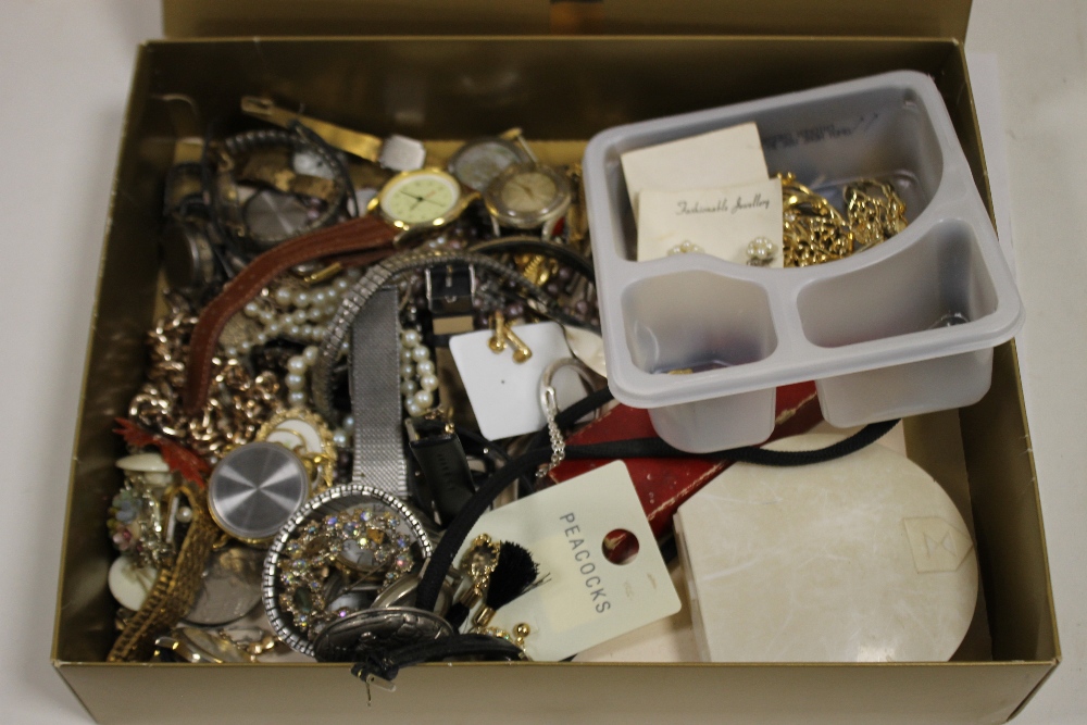 A BOX OF WATCHES AND COSTUME JEWELLERY ETC.