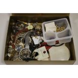A BOX OF WATCHES AND COSTUME JEWELLERY ETC.