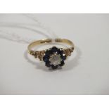 A LADIES 9CT GOLD DRESS RING SET WITH BLUE AND CLEAR STONES